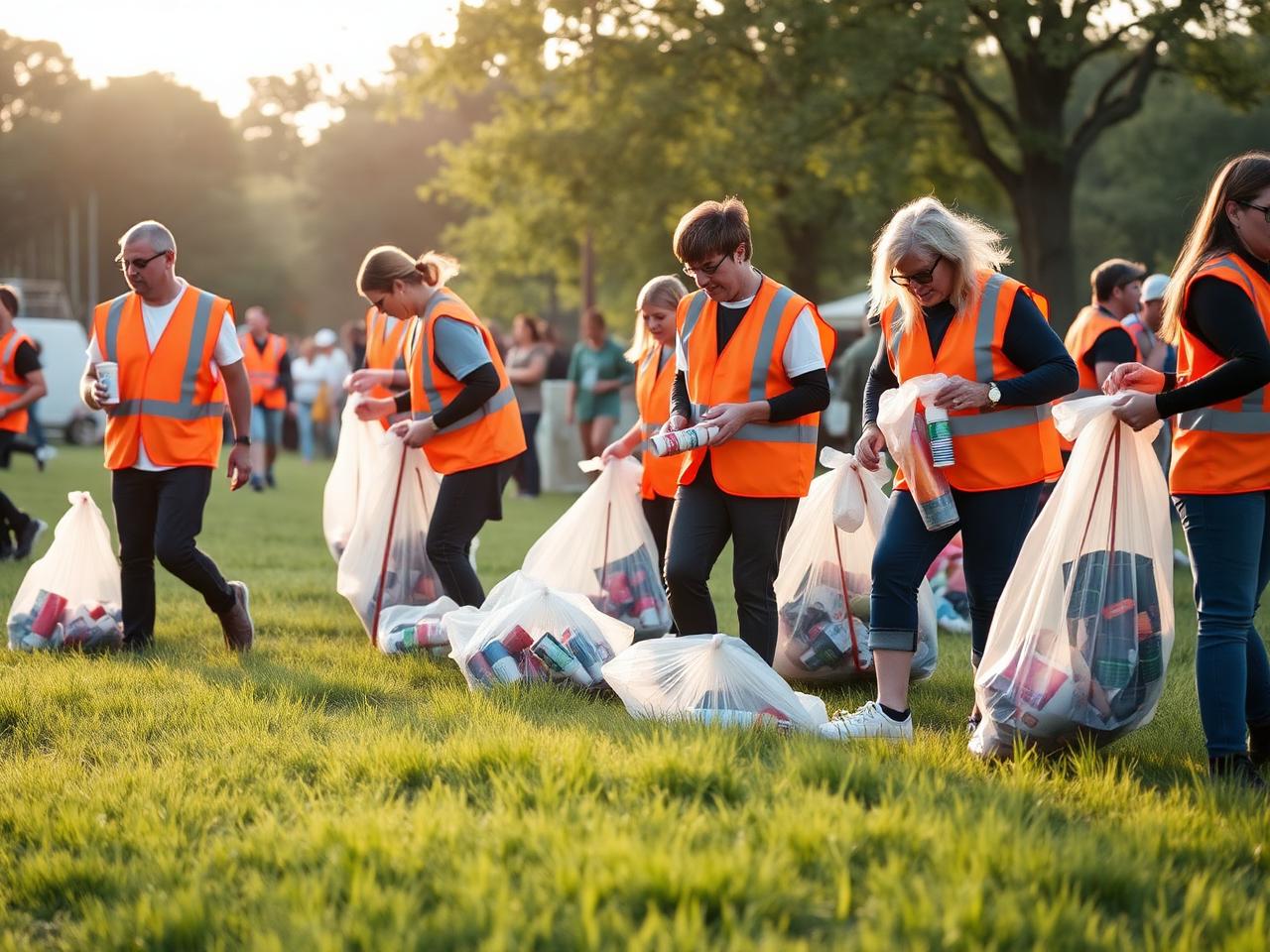 Frivillige i oransje vester rydder en park morgenen etter en festival