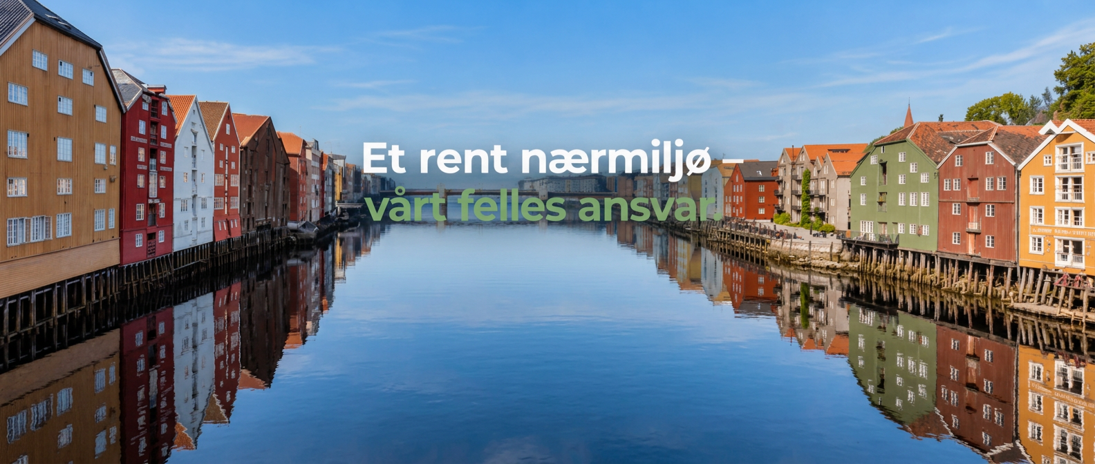 Et rent nærmiljø – vårt felles ansvar. Bryggene langs Nidelva i Trondheim speiler seg i elven.